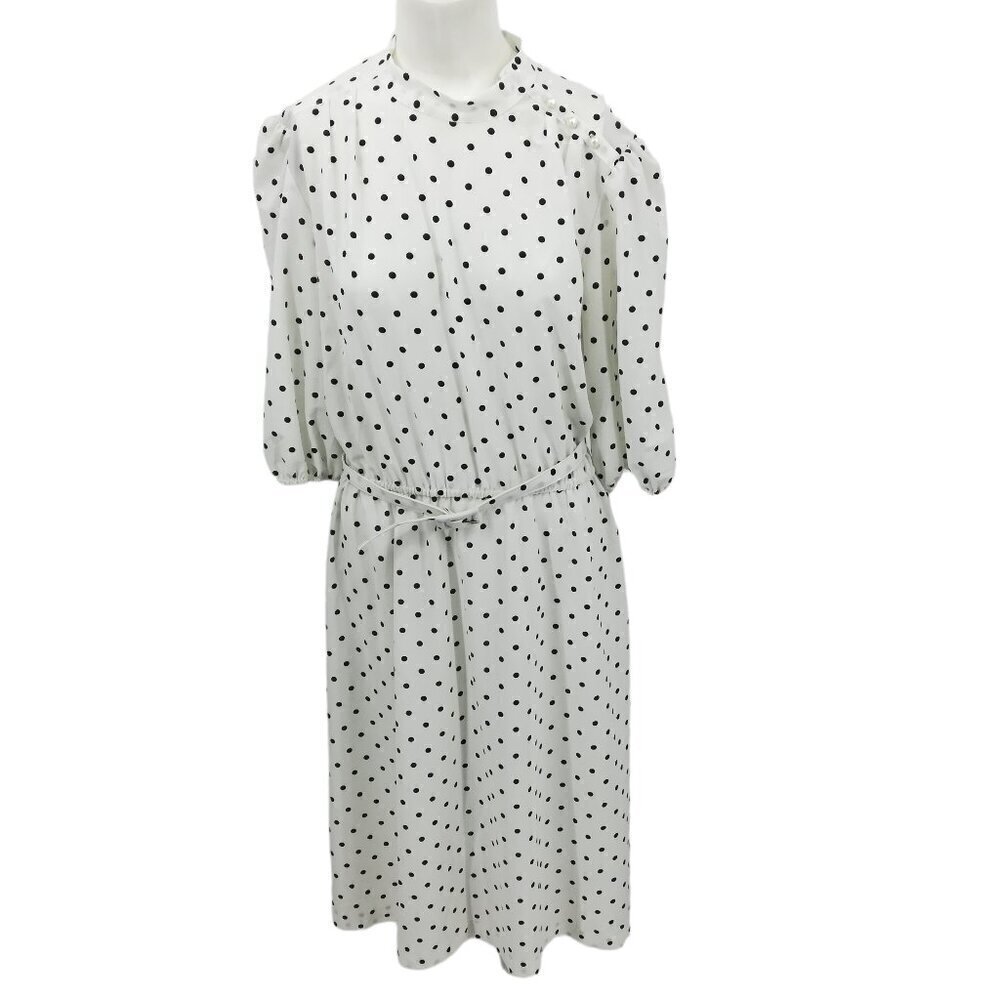 Vintage 80s Polka Dot Mock Neck Blouson Half Sleeve Dress Size 18 Belt Elastic